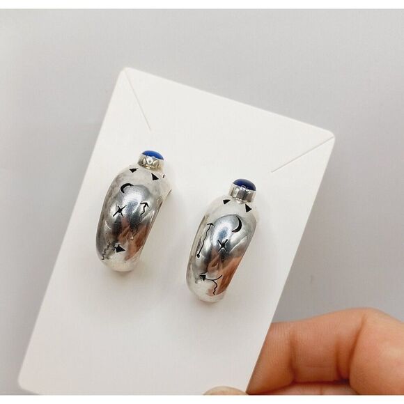 Vintage Sterling Silver Lapis Statement Earrings w Symbols Tribal Southwestern - Picture 11 of 13